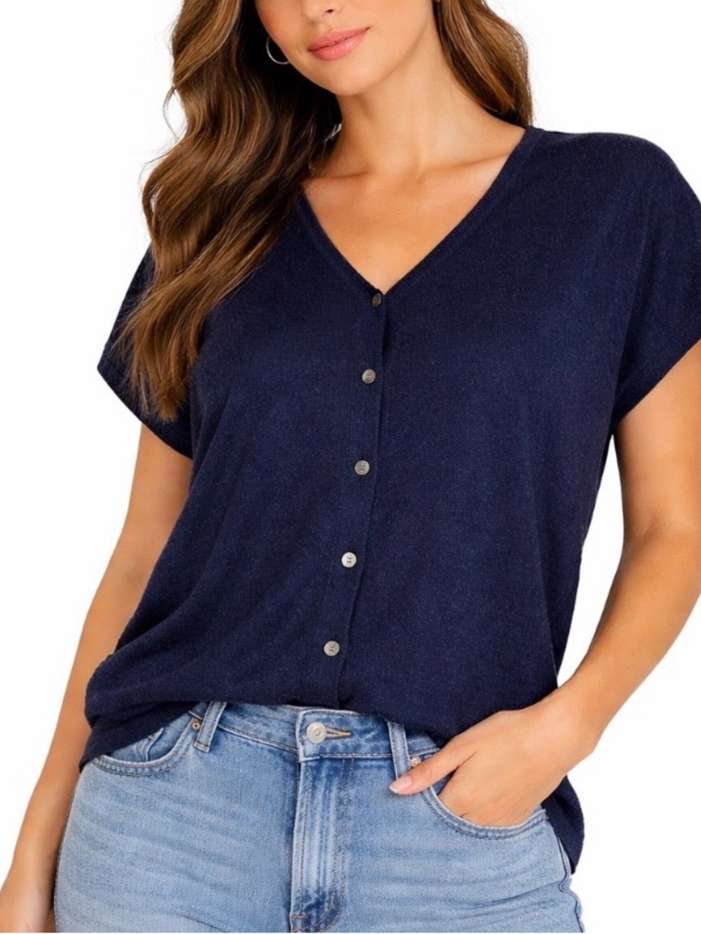 Philosophy top button up Navy Blue sweater boxy fit Viscose blend drop shoulder